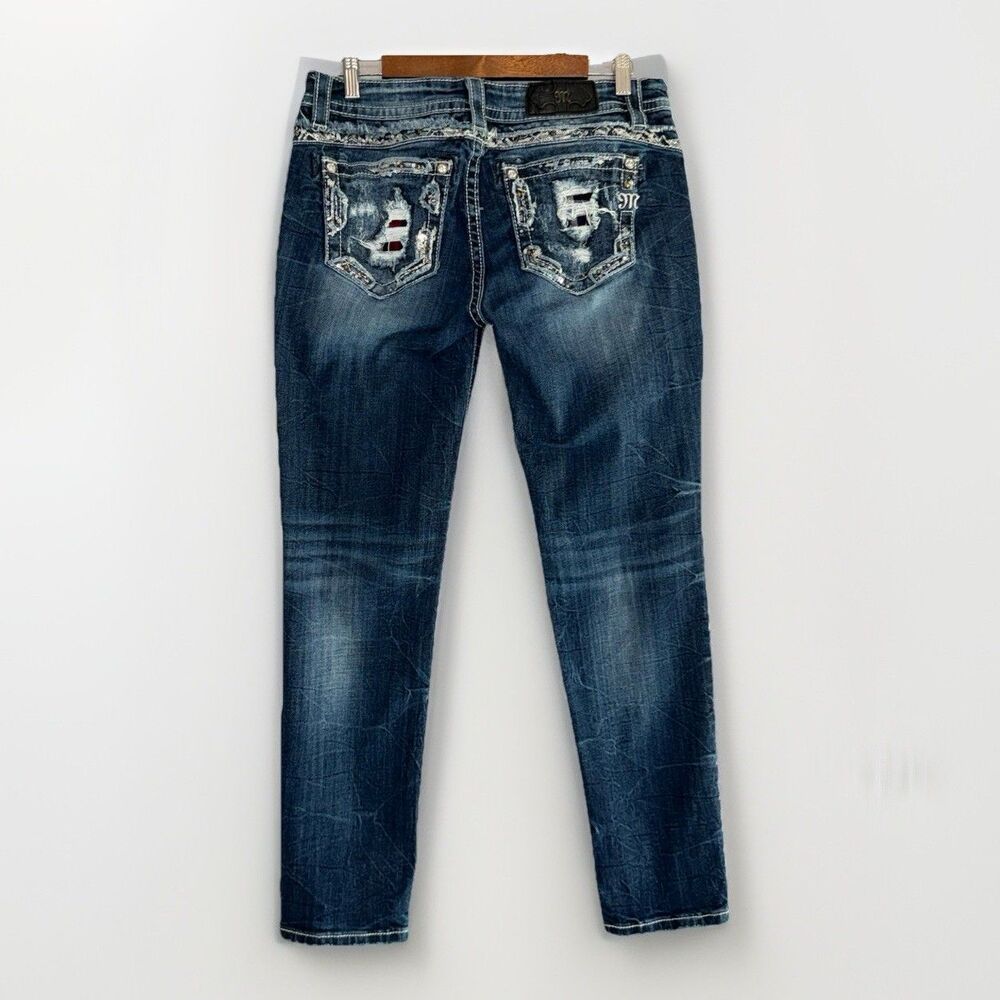 Miss Me Women's Skinny Jeans - Dark Blue distressed w/Silver Accents & patches